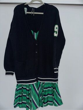 Anthropologie Navy Varsity Sweater dress with Green ruffle bottom